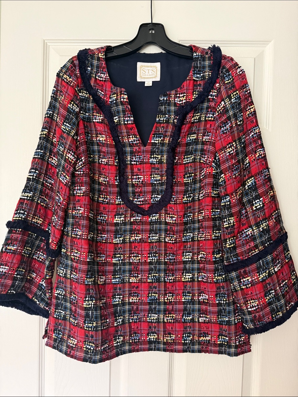 Sail to Sable Navy & Red Plaid Tweed Women's Tunic Top
